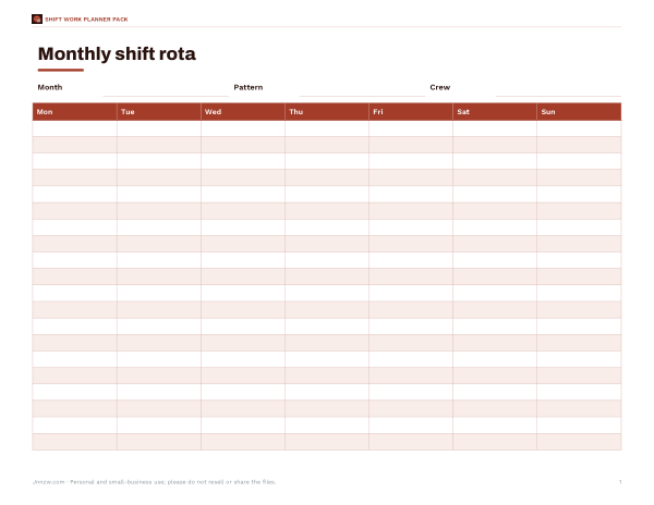 Preview of Printable Monthly Rota Calendar
